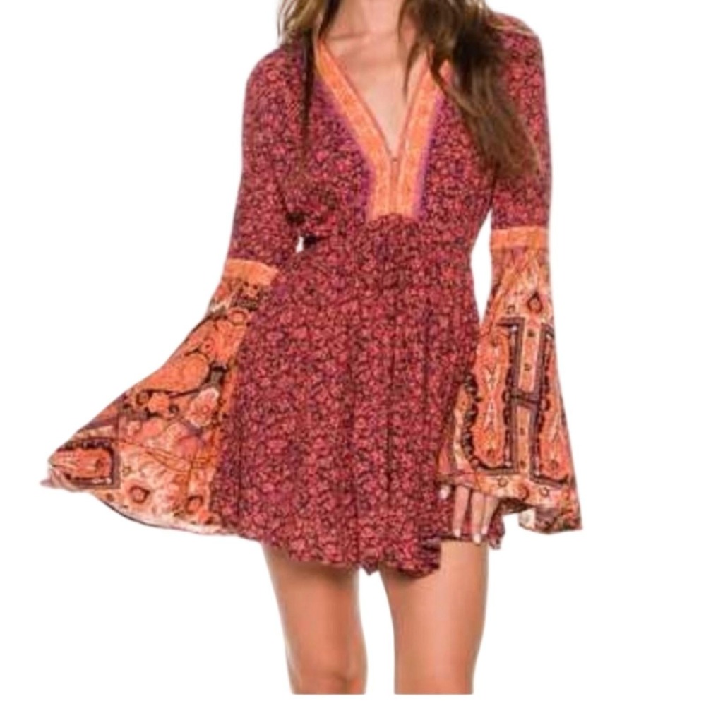 Free People Once Upon A Summertime Romper Womens L Orange Paisley Bell Sleeve